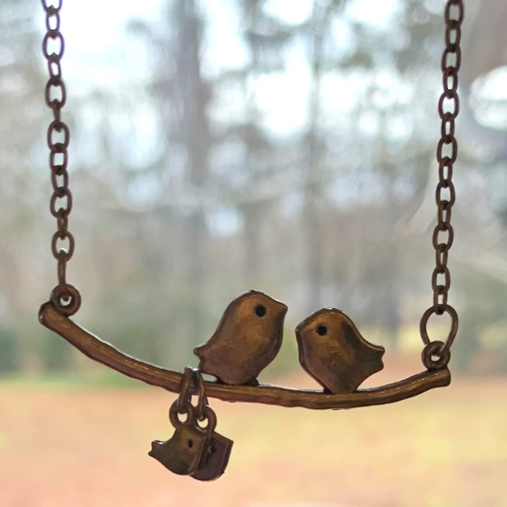 Family bird necklace with mommy and daddy birds and 2 baby birds